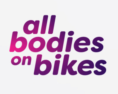 Logo with 'all bodies on bikes' text in purple and pink on a white background